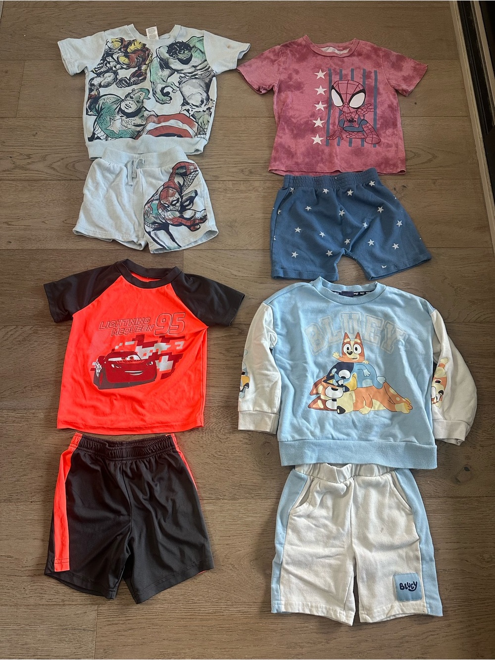 Boys 4T 5T Character Outfit Bundle Lot of 4 Marvel Bluey Cars Spider-Man